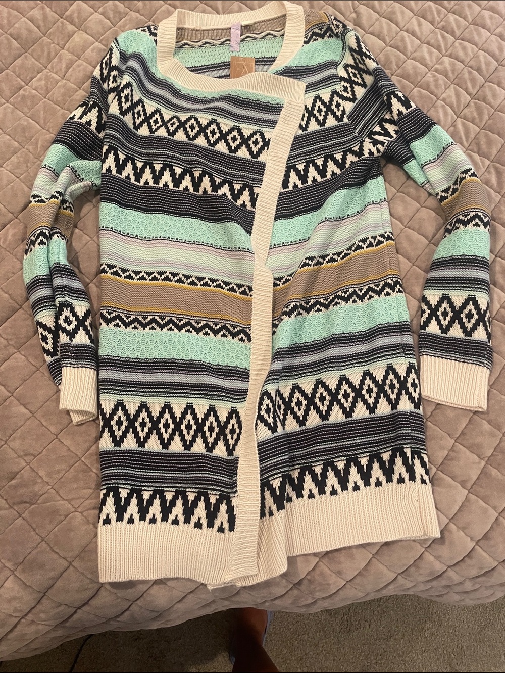 Alya Mint, Cream & Black Striped Geometric Open-Front Cardigan